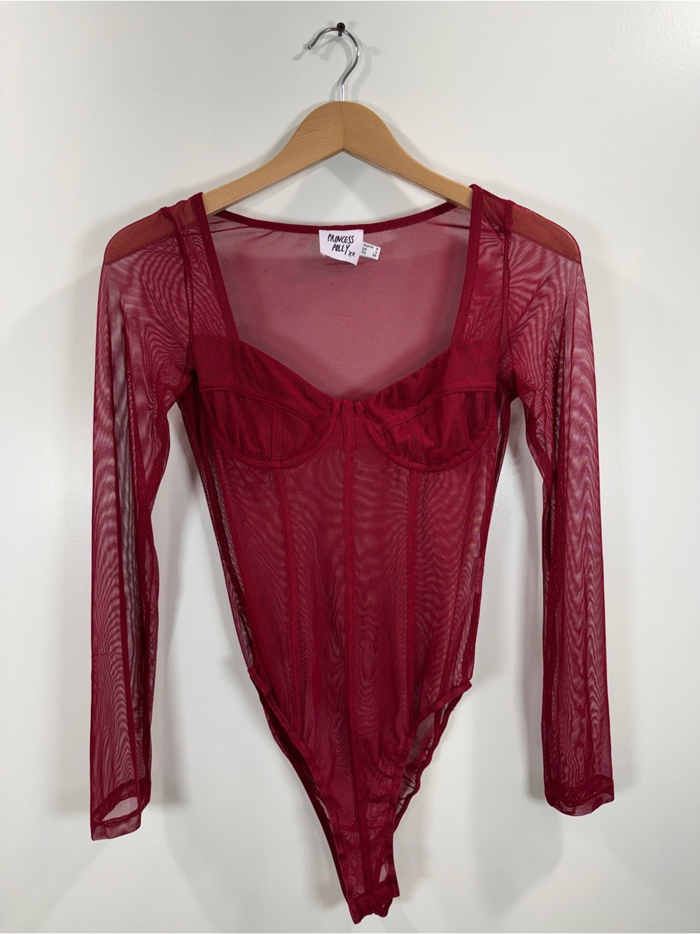 WSH119 {Princess Polly} Red Sheer Long Sleeve Corset Top Blouse Bodysuit